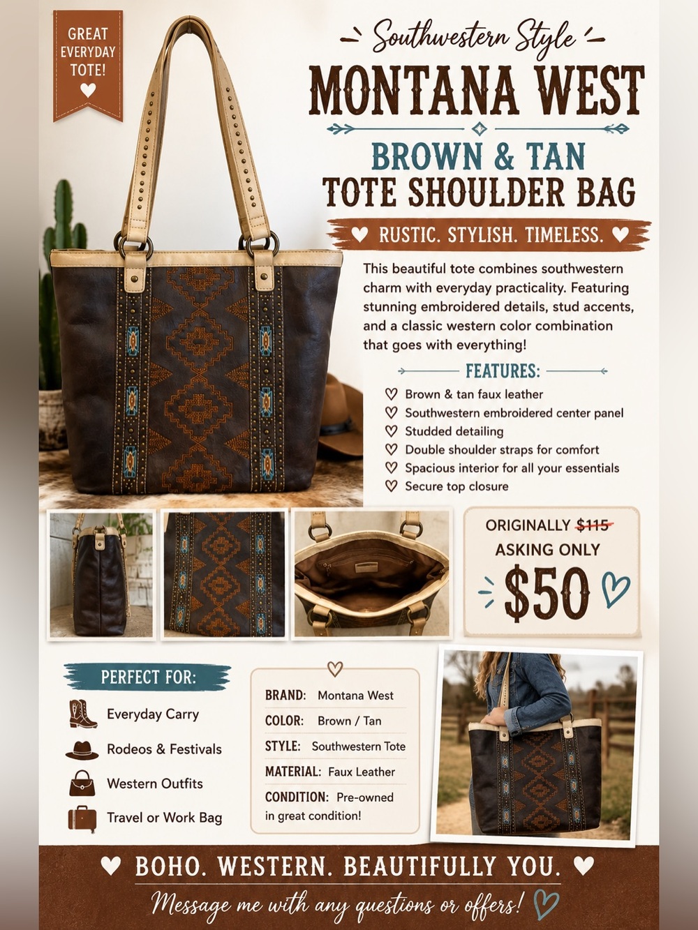 Montana West Brown and Tan Southwestern Studded Tote Shoulder Bag